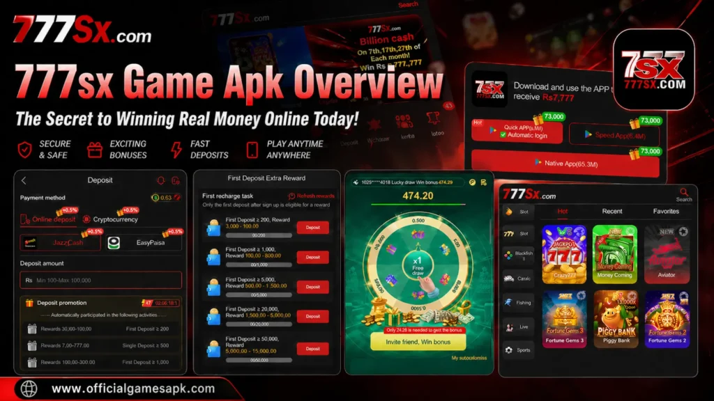 777sx game apk overview banner showing casino app interface, bonus rewards and real money earning features