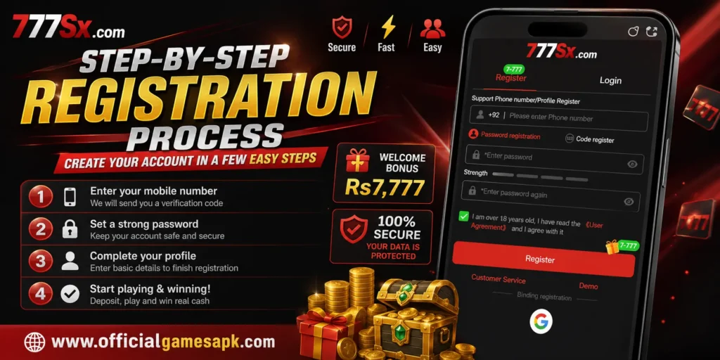 777sx registration process banner showing account signup steps, mobile number verification and user login interface