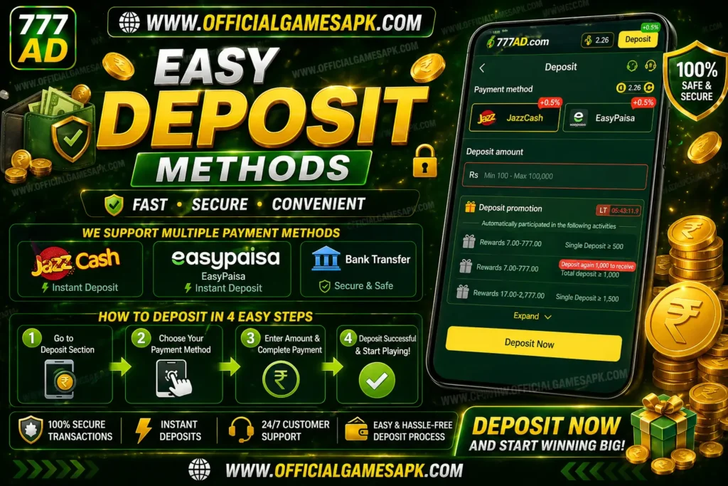 AD777 deposit methods banner showing JazzCash, Easypaisa and bank transfer options with instant secure payment process