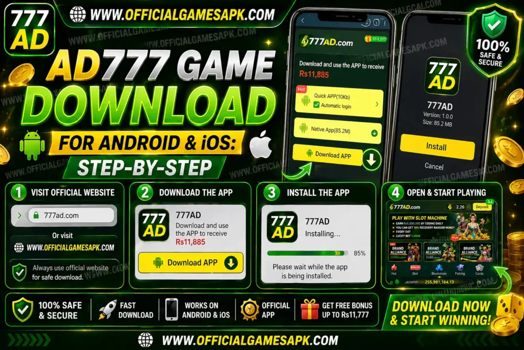 AD777 game download guide for Android and iOS showing step by step APK installation process and mobile setup instructions