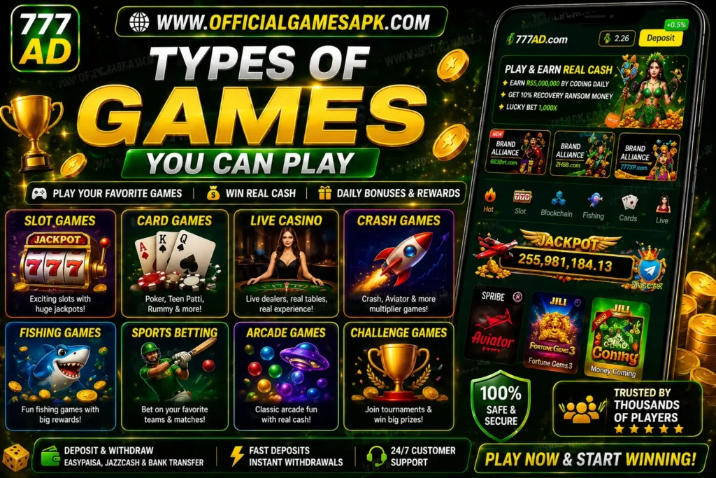 AD777 game types banner showing slot games, card games, live casino, crash games and earning opportunities inside the app