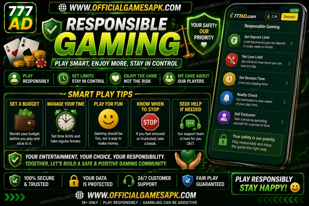 Responsible gaming banner for AD777 showing safe play tips, spending limits, and secure gaming practices for users