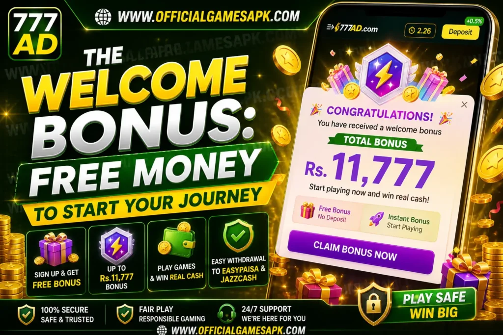 AD777 welcome bonus banner showing free Rs 11,777 reward, signup bonus screen, and no deposit offer for new users