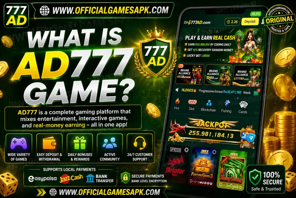 What is AD777 game banner explaining platform features, real cash earning system, and mobile casino gameplay with secure payments