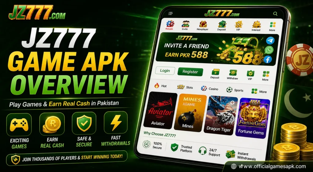 JZ777 Game APK overview banner showing mobile app interface and real cash earning features in Pakistan
