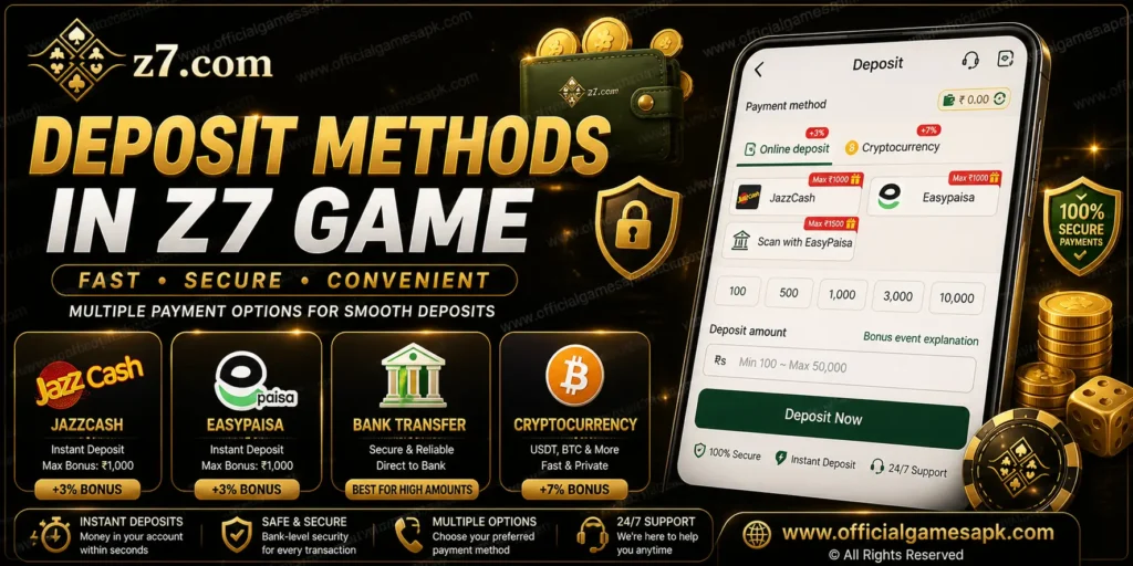 Z7 game deposit methods including JazzCash, EasyPaisa, bank transfer and cryptocurrency