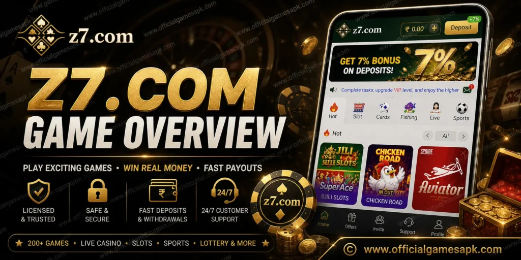  Z7 game overview banner highlighting real money gaming, fast payouts and casino features