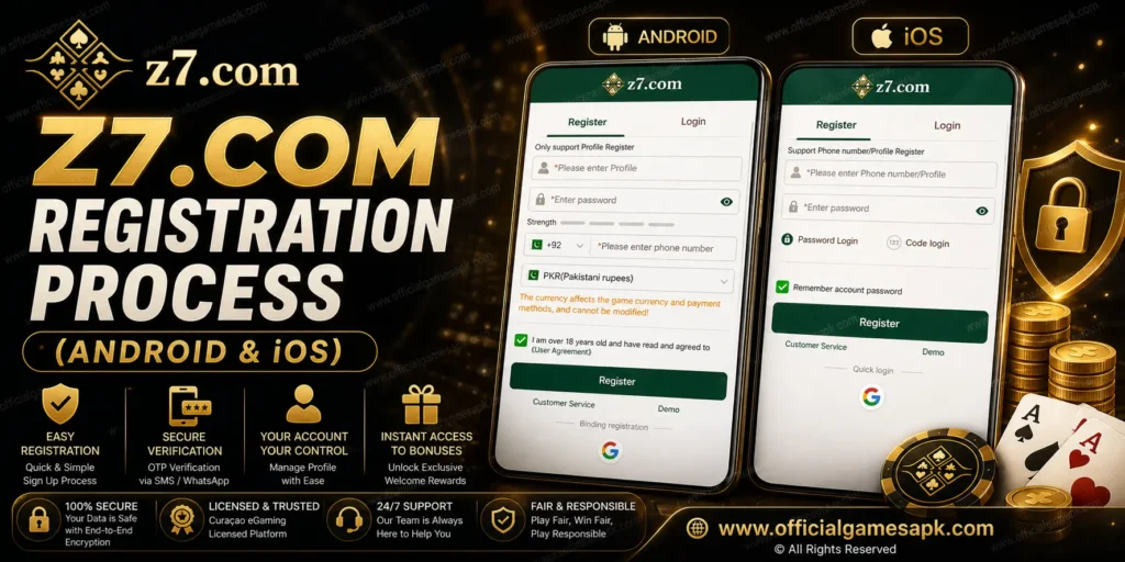  Z7 game registration process on Android and iOS showing signup and login steps