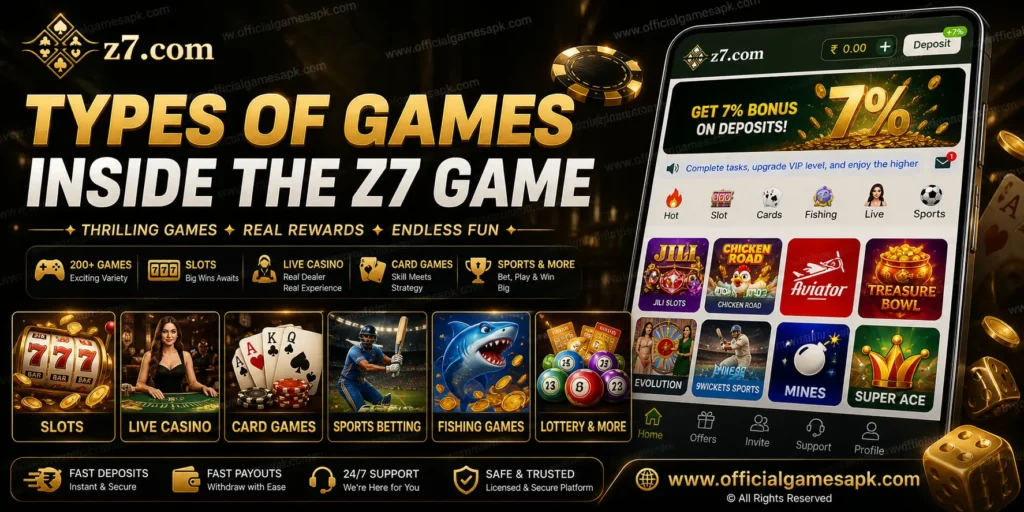  Z7 game types including slots, live casino, sports betting and lottery games